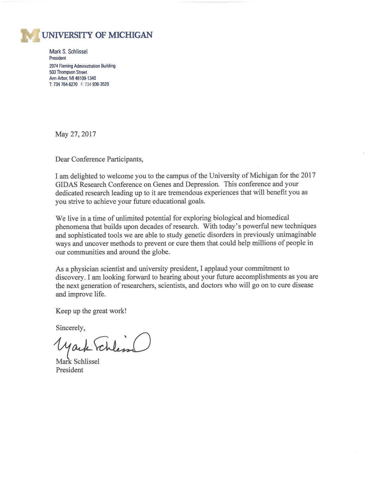 Commencement letter from UM President Mark Schlissel